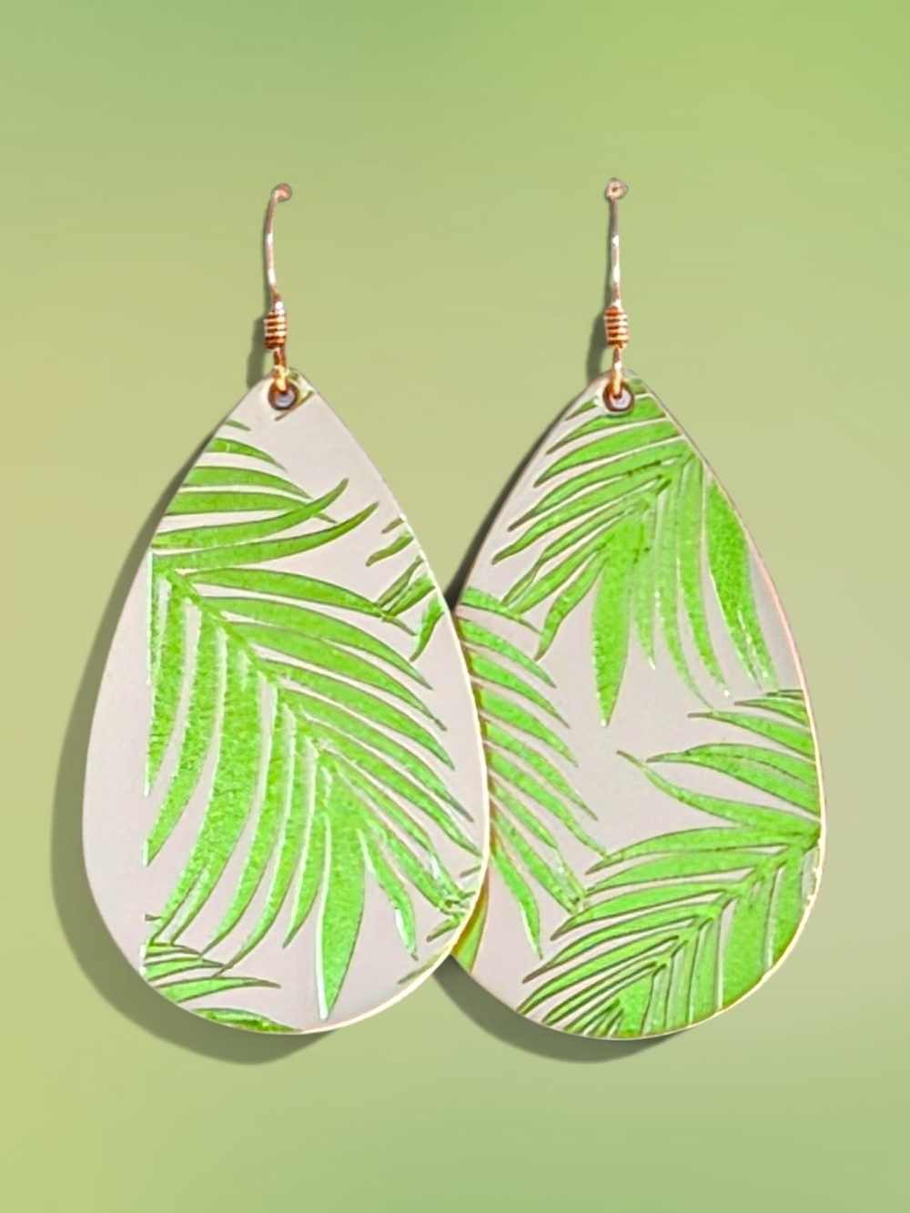 Tropical Green Palm Leaf Teardrop Earrings - Lightweight Hook Style